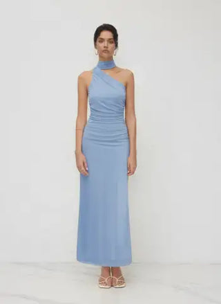 Mesh Halter Neckline Ruched Maxi Dress With Scarf