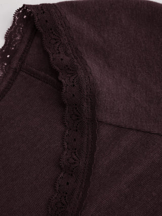 Thermal Cotton-blend V-neck Long Sleeve Lace Trim Ruched Tee