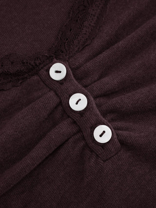 Thermal Cotton-blend V-neck Long Sleeve Lace Trim Ruched Tee
