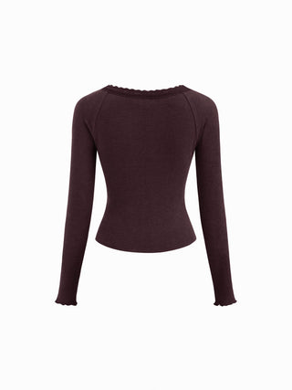 Thermal Cotton-blend V-neck Long Sleeve Lace Trim Ruched Tee