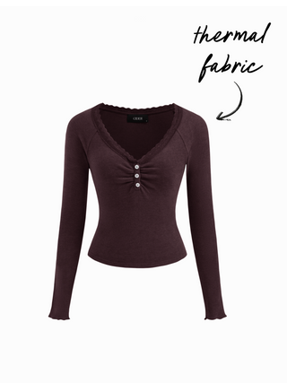 Thermal Cotton-blend V-neck Long Sleeve Lace Trim Ruched Tee