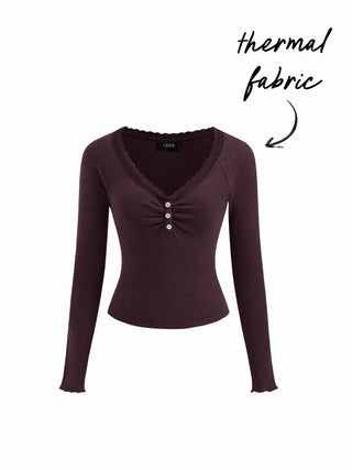 Thermal Cotton-blend V-neck Long Sleeve Lace Trim Ruched Tee