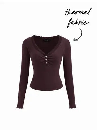 Thermal Cotton-blend V-neck Long Sleeve Lace Trim Ruched Tee