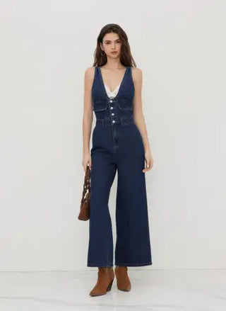 Denim V-neck Button Pocket Wide Leg Jumpsuit