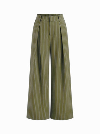 Mid Rise Stripe Pleated Wide Leg Trousers
