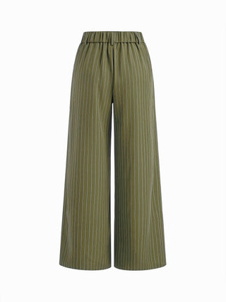 Mid Rise Stripe Pleated Wide Leg Trousers