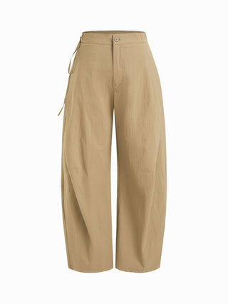 Woven Cotton-blend Low Rise Tie Side Barrel-leg Trousers For Daily Casual