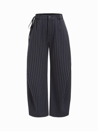 Woven Mid Rise Striped Side Knotted Barrel-leg Trousers For Work