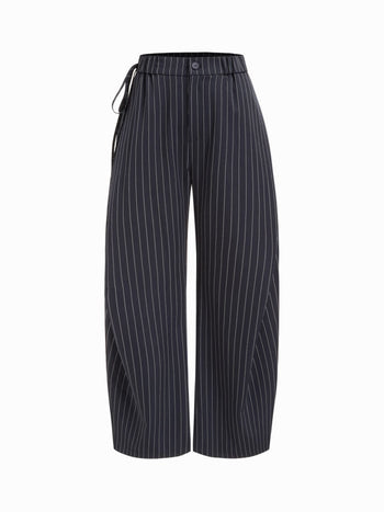 Woven Mid Rise Striped Side Knotted Barrel-leg Trousers For Work