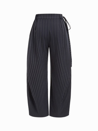 Woven Mid Rise Striped Side Knotted Barrel-leg Trousers For Work