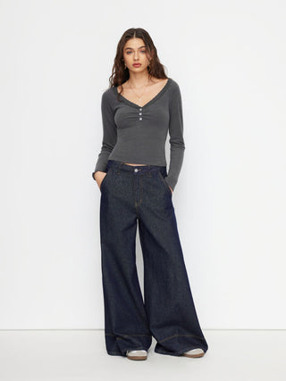 Thermal Cotton-blend V-neck Long Sleeve Lace Trim Ruched Tee