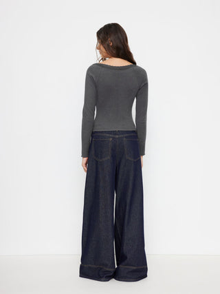 Thermal Cotton-blend V-neck Long Sleeve Lace Trim Ruched Tee