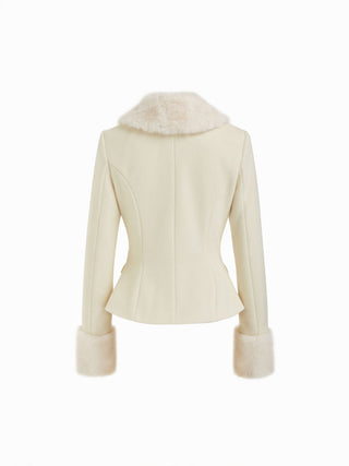 Wool-look Collar Faux Fur Trim Long Sleeve Button Jacket