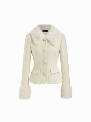 Wool-look Collar Faux Fur Trim Long Sleeve Button Jacket