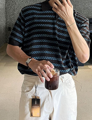 Purple Stripe Collared Short Sleeve Knit (Cool Faberic)