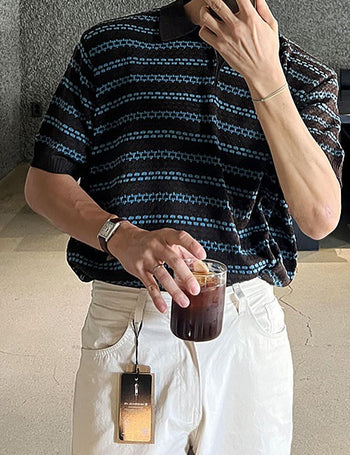 Purple Stripe Collared Short Sleeve Knit (Cool Faberic)