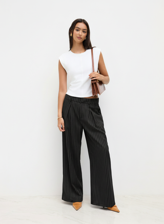 Mid Rise Stripe Pleated Wide Leg Trousers