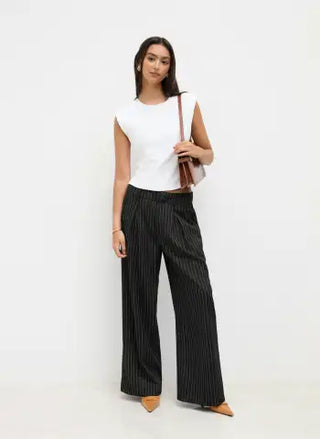 Mid Rise Stripe Pleated Wide Leg Trousers