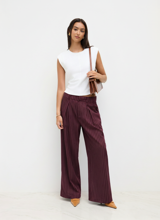 Mid Rise Stripe Pleated Wide Leg Trousers