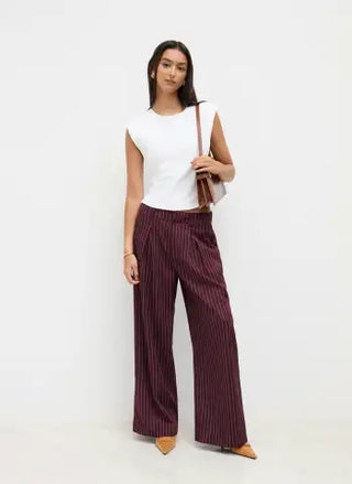 Mid Rise Stripe Pleated Wide Leg Trousers
