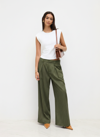 Mid Rise Stripe Pleated Wide Leg Trousers