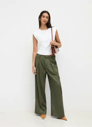 Mid Rise Stripe Pleated Wide Leg Trousers