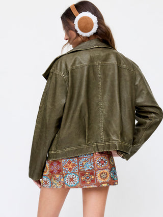 Faux Leather Collar Zip Through Oversized Jacket