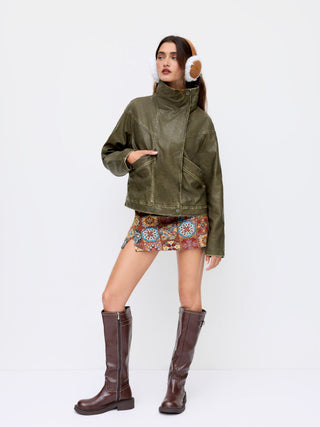 Faux Leather Collar Zip Through Oversized Jacket