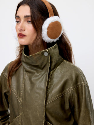 Faux Leather Collar Zip Through Oversized Jacket