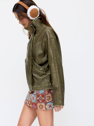 Faux Leather Collar Zip Through Oversized Jacket