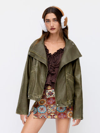 Faux Leather Collar Zip Through Oversized Jacket