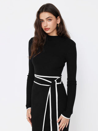 Turtleneck Belted Bowknot Knitted Maxi Dress