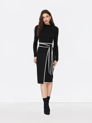 Turtleneck Belted Bowknot Knitted Maxi Dress