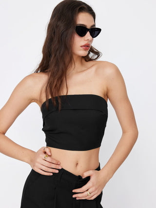 Two Piece Sets Woven Solid Shirred Tube Top & High Waist Pants Set For Daily Casual Exhibition Coffee Shop