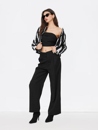 Two Piece Sets Woven Solid Shirred Tube Top & High Waist Pants Set For Daily Casual Exhibition Coffee Shop
