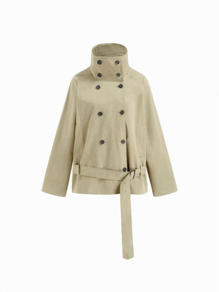 Multi-way Cotton Funnel Neck Double Breasted Oversized Windbreaker With Belt