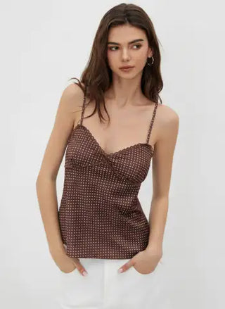 Sweetheart Neckline Polka Dot Lace Trim Knotted Cami Top