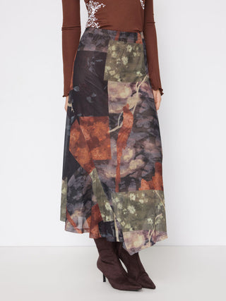 Mesh Mid Rise Abstract Graphic Floral Asymmetrical Hem Maxi Skirt