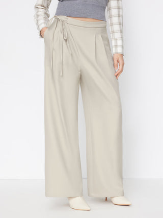 Mid Rise Tie Side Knotted Pleated Wide Leg Trousers