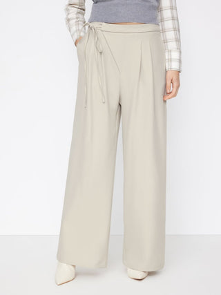 Mid Rise Tie Side Knotted Pleated Wide Leg Trousers