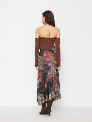 Mesh Mid Rise Abstract Graphic Floral Asymmetrical Hem Maxi Skirt