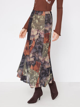 Mesh Mid Rise Abstract Graphic Floral Asymmetrical Hem Maxi Skirt