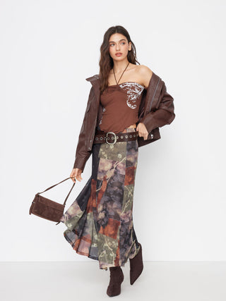 Mesh Mid Rise Abstract Graphic Floral Asymmetrical Hem Maxi Skirt