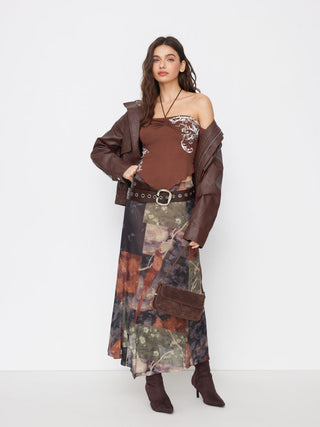 Mesh Mid Rise Abstract Graphic Floral Asymmetrical Hem Maxi Skirt