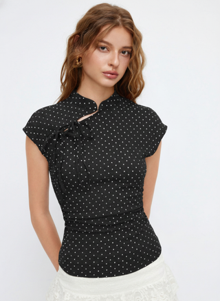 Polka Dot Mandarin Collar Short Sleeve Knotted Ruched Top