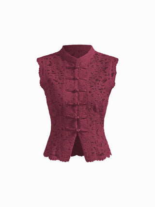 Lace Mandarin Collar Guipure Split Tank Top