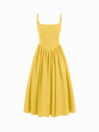 Cotton Linen Scoop Neckline Broderie Anglaise Ruffle Maxi Dress