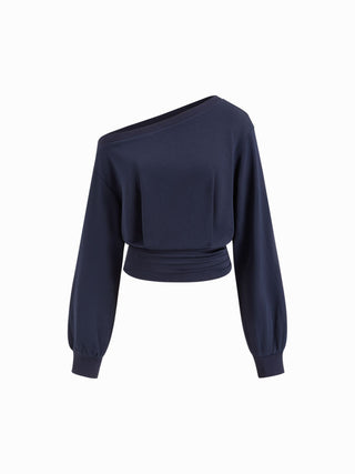Cotton-blend Asymmetrical Neck Ruched Cinched Waist Sweatshirt