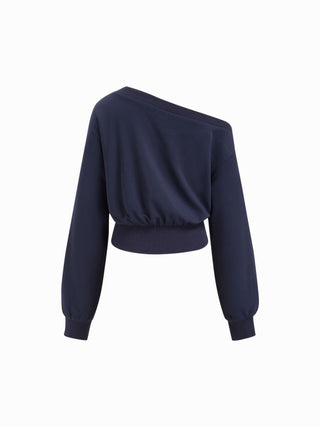 Cotton-blend Asymmetrical Neck Ruched Cinched Waist Sweatshirt