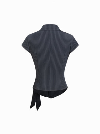 Cotton-blend Polo Neck Stripe Knotted Blouse